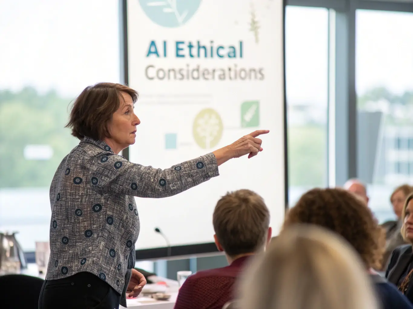 A professional giving a presentation on AI policy to a group of business people in a modern office setting, emphasizing the importance of responsible AI usage.