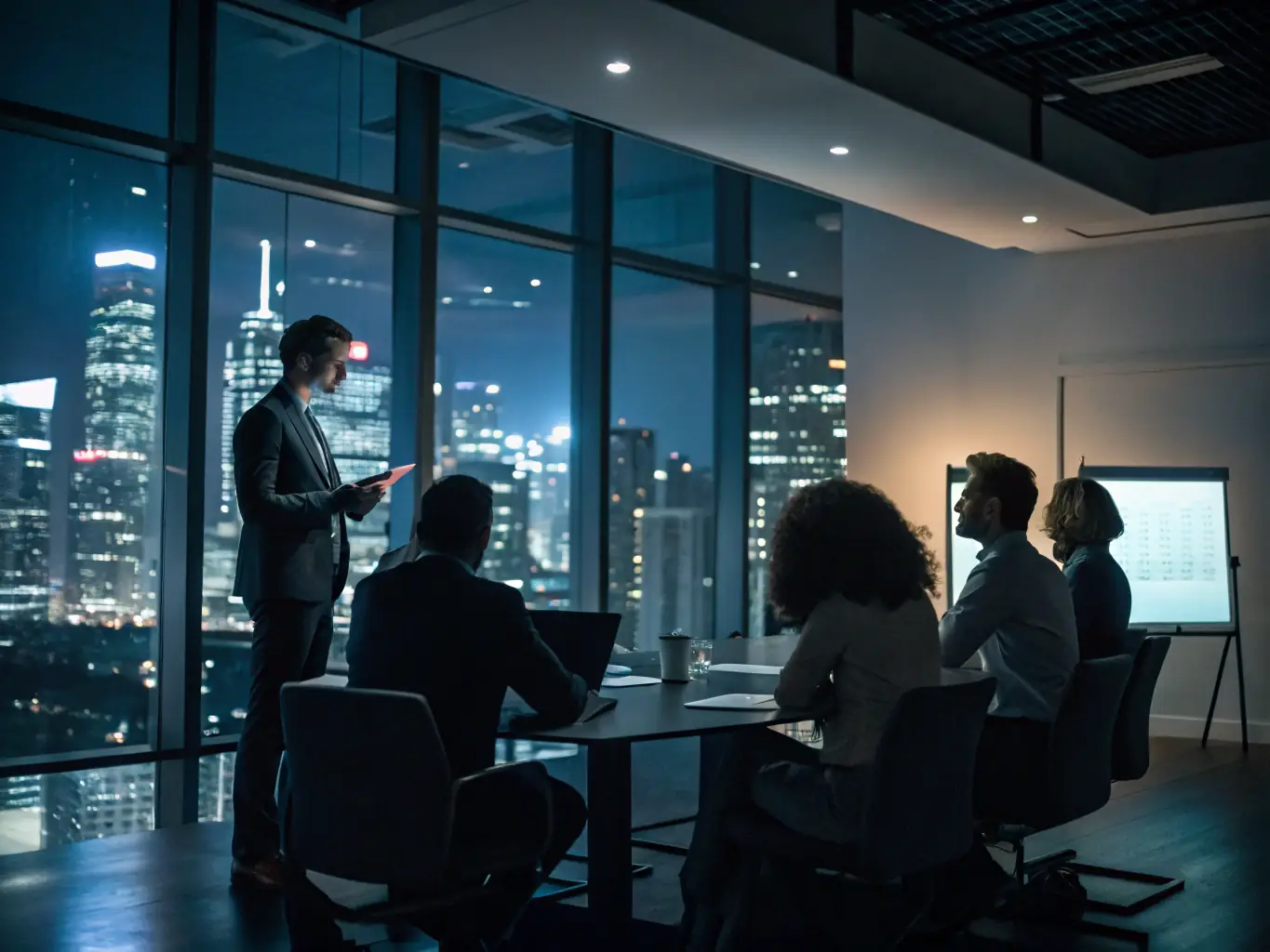 A consultant guiding a team through an AI policy review process, highlighting key areas of compliance and risk mitigation on a digital display.