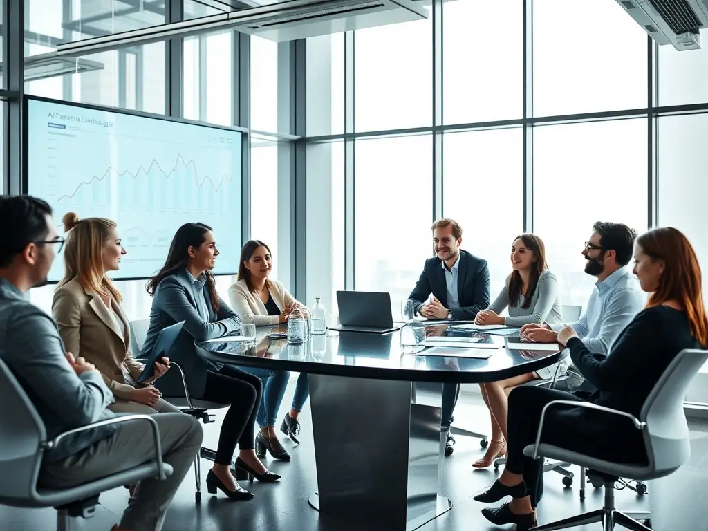 A consultant facilitating an AI policy review workshop with a team, focusing on responsible AI usage and compliance.