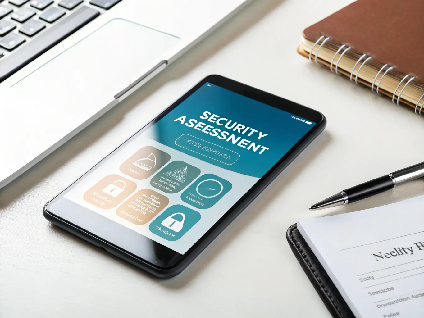 A person reviewing a cybersecurity checklist on a tablet, with a secure network icon in the background, symbolizing practical steps for business security.