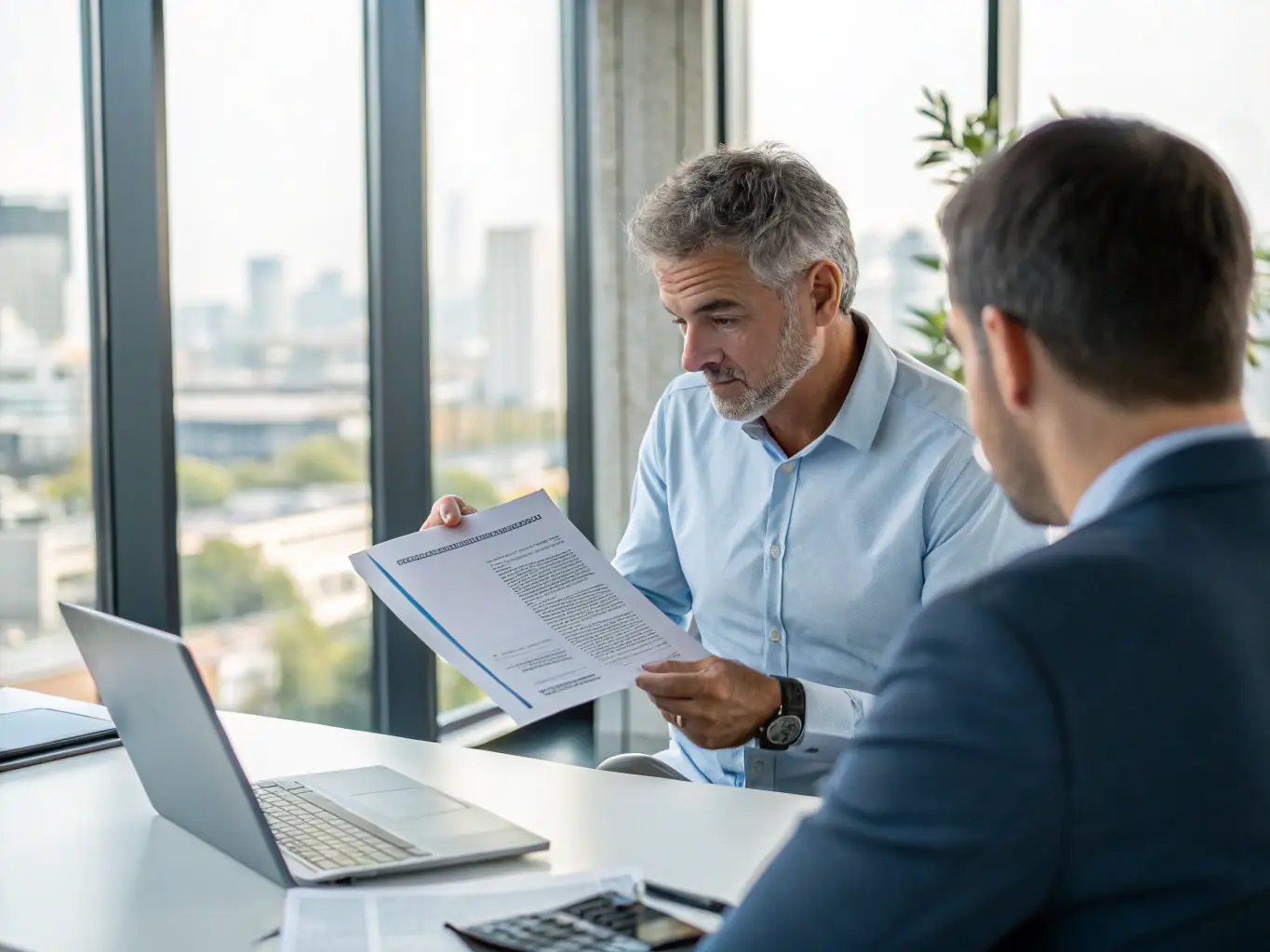 A consultant reviewing a cybersecurity risk assessment report with a business owner in a modern office setting, emphasizing collaboration and clear communication.