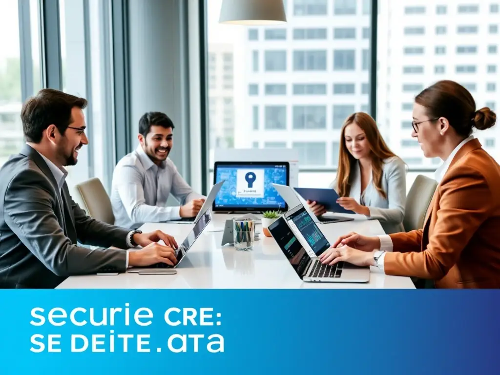 A diverse group of professionals are collaboratively working on a cybersecurity strategy in a modern office setting, emphasizing teamwork and proactive security measures.