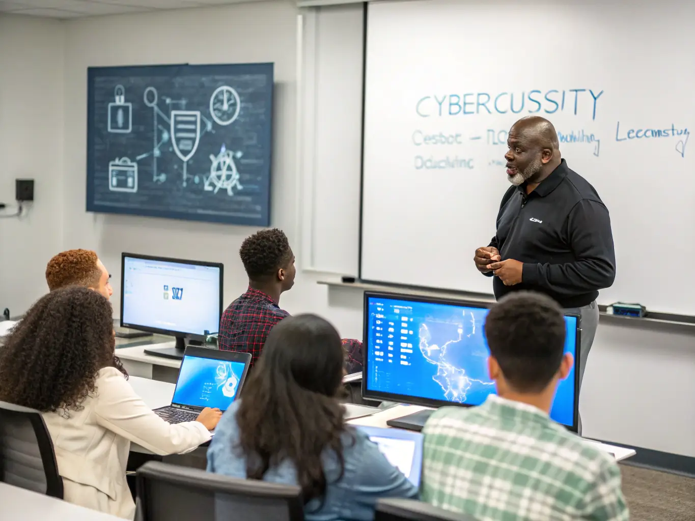 An instructor is leading an online cybersecurity training session, with participants actively engaged in learning about threat detection and prevention techniques.