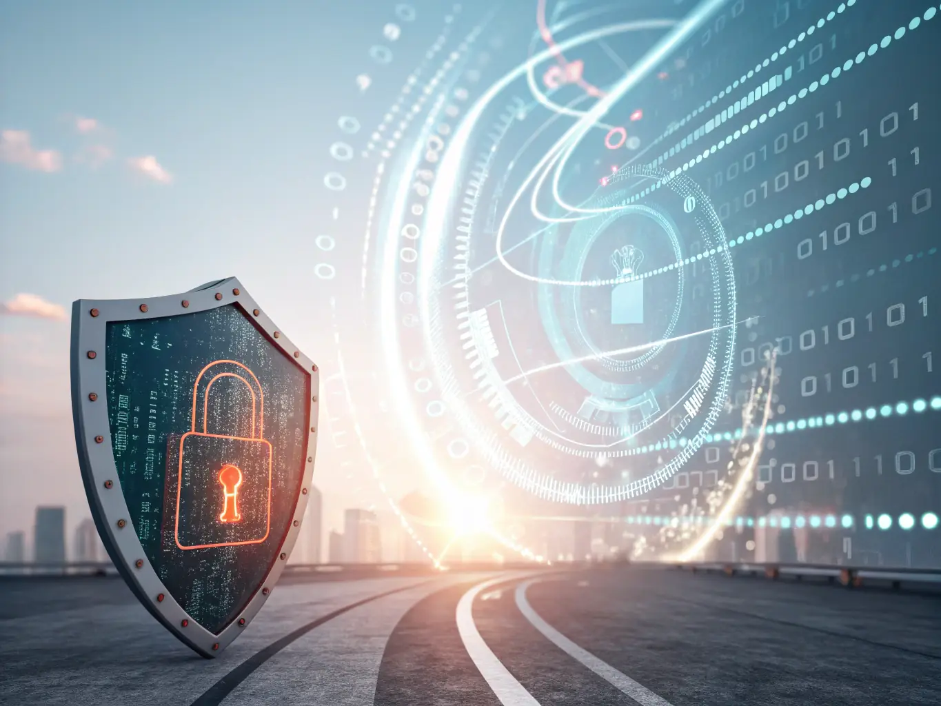 A digital illustration of a shield protecting data streams, symbolizing robust cybersecurity measures and data protection strategies for businesses.